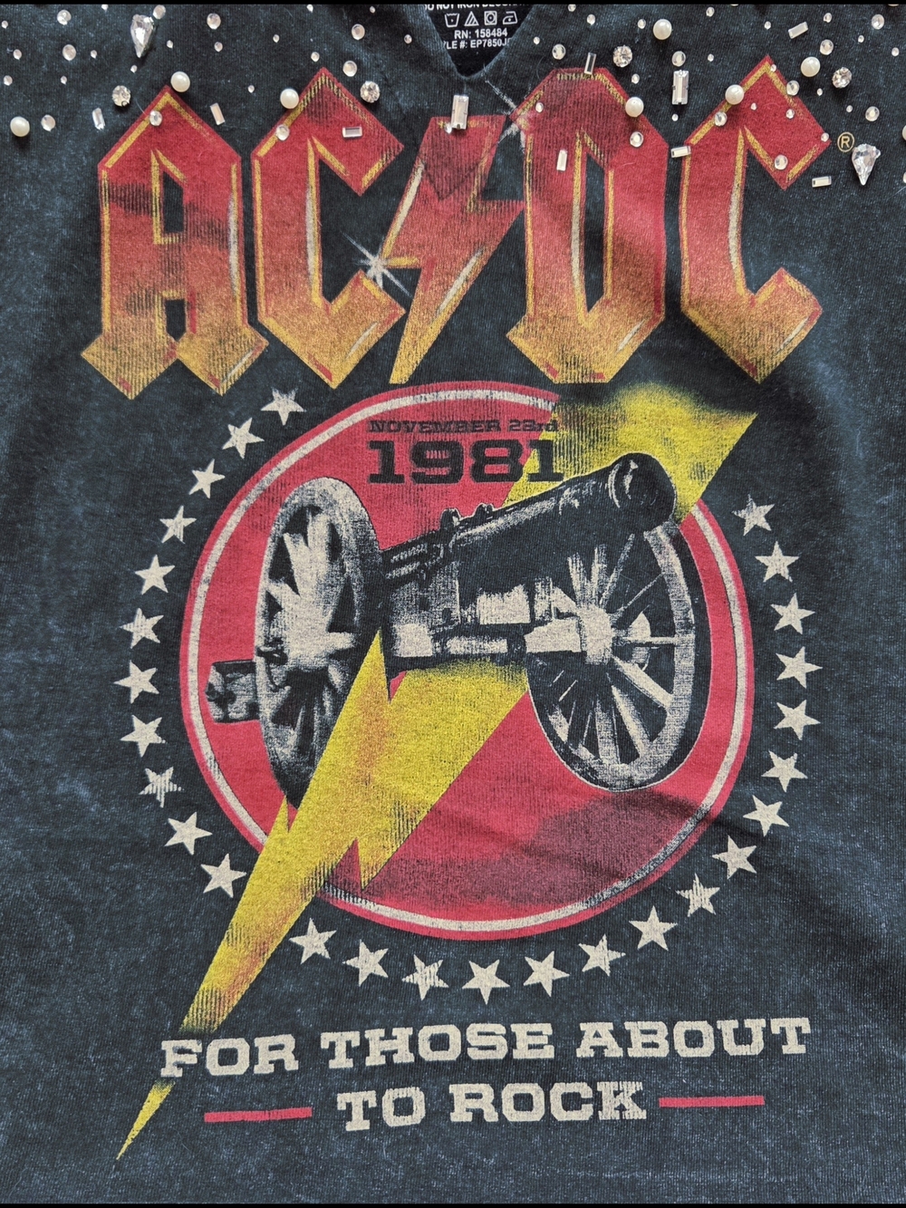 AC/DC Rhinestone Notch Neck TShirt LG Dark Wash Charcoal For Those About To Rock - Picture 12 of 16